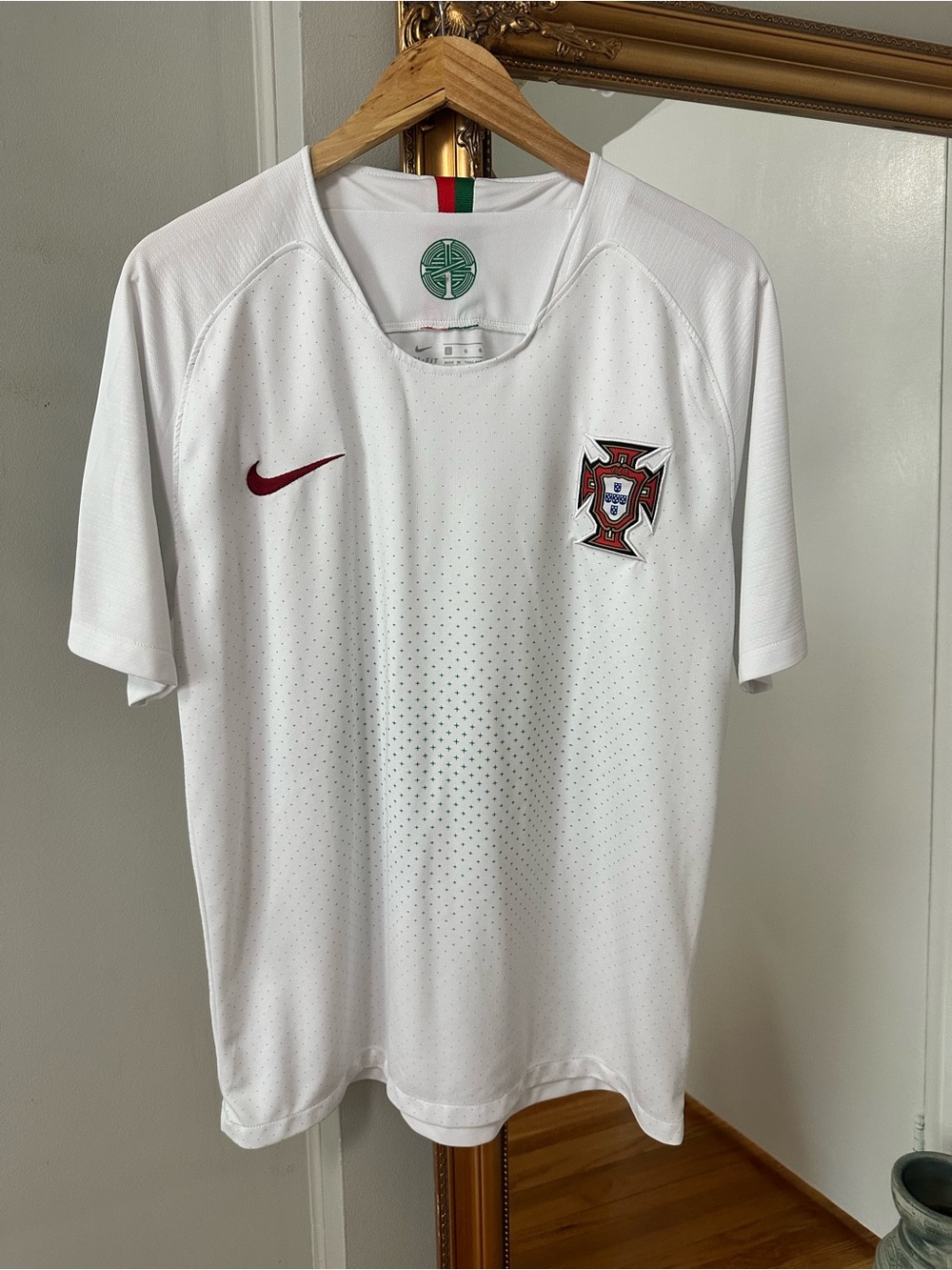 Nike White Soccer Jersey with Burgundy Swoosh and Portugal Crest